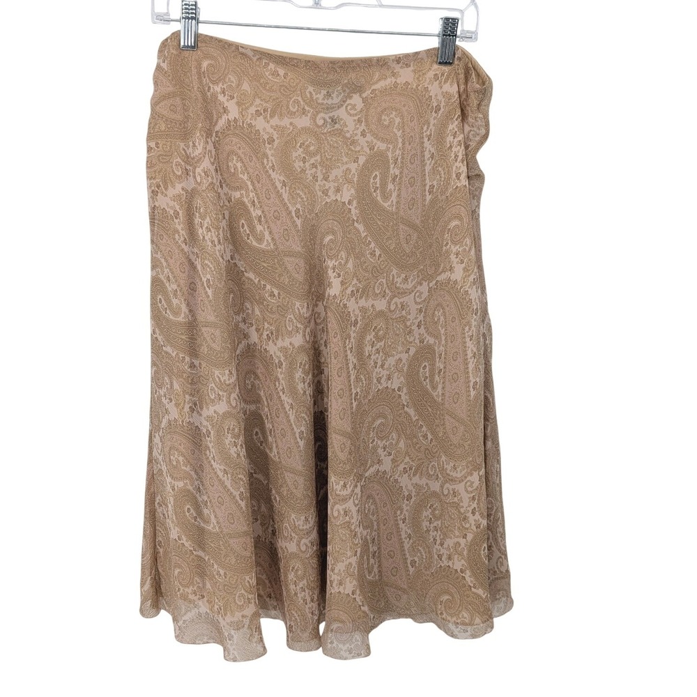 Lauren Ralph Lauren Y2K Silk Skirt Women Medium Tan Paisley Midi Forest Fairy